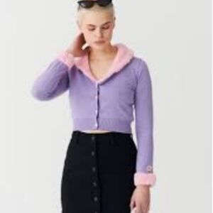 RARE Lazy Oaf Esther Bunny Purple Cardigan Pink Fur Trim w ORIGINAL BUNNY PIN